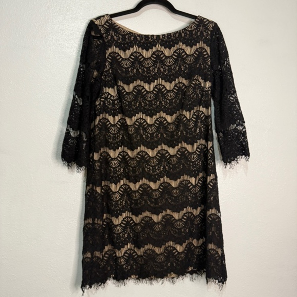 Jessica Howard Black & Tan Lace Three Quarter Sleeve Cocktail Dress. Sz 12P